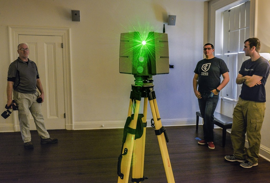 WASHINGTON, DC - JANUARY 9: An academic team is making a 3D scan using lasers of Abraham Lincoln's cottage at the old soldiers home, on January, 09, 2015 in Washington, DC. From left are Michael Rogers, Associate Professor, Dept. of Physics and Astronomy, Ithica College, Kevin Coldren and Evan van de Wall, both physics students. (Photo by Bill O'Leary/The Washington Post)
